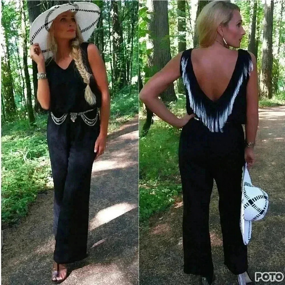 Black Jumpsuit Sassy Fringe Detail - Picture 1 of 4